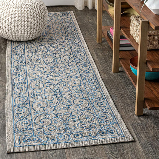JONATHAN Y Vintage Filigree Indoor Outdoor Runner Rug 2X8 Gray/Navy, Charleston Textured Weave for Backyard, Patio, Porch, Easy-Cleaning, High Traffic, Pet-Friendly, Non-Shedding (SMB106C-28)