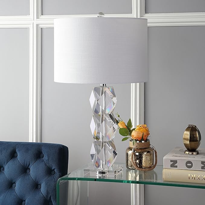 JONATHAN Y 26" Clear Faceted Crystal LED Table Lamp, Glam Modern Contemporary Column Lamp for Bedroom Living Room, White Linen Drum Shade, UL Listed, LED Bulb Included JYL5012A