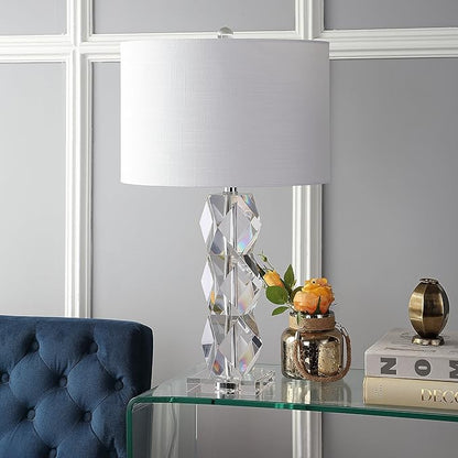 JONATHAN Y 26" Clear Faceted Crystal LED Table Lamp, Glam Modern Contemporary Column Lamp for Bedroom Living Room, White Linen Drum Shade, UL Listed, LED Bulb Included JYL5012A