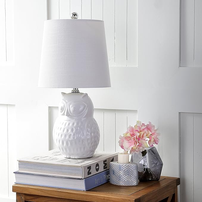 JONATHAN Y 20.5" White Ceramic Owl Table Lamp, Whimsical Cottage Bedside Nightstand Light for Living Room Nursery, White Linen Drum Shade, UL Listed, LED Bulb Included JYL1026A