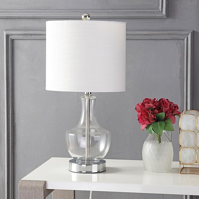 JONATHAN Y 20" Clear Glass Mini Table Lamp, Modern Bedside Lamp for Bedroom, White Linen Drum Shade, Teardrop Glass Base, LED Bulb Included, UL Listed JYL1029A