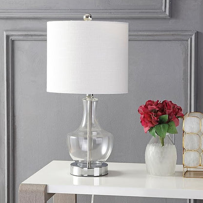 JONATHAN Y 20" Clear Glass Mini Table Lamp, Modern Bedside Lamp for Bedroom, White Linen Drum Shade, Teardrop Glass Base, LED Bulb Included, UL Listed JYL1029A
