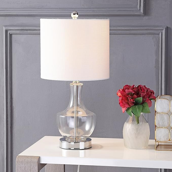 JONATHAN Y 20" Clear Glass Mini Table Lamp, Modern Bedside Lamp for Bedroom, White Linen Drum Shade, Teardrop Glass Base, LED Bulb Included, UL Listed JYL1029A