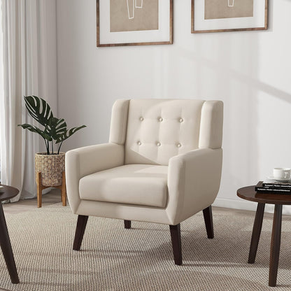 UIXE Accent Chair, Modern Upholstered Armchair in Fabric for Living Room, Comfy Club Arm Chairs Single Sofa Button Tufted Bedroom Reading Seat - White, Set of 1
