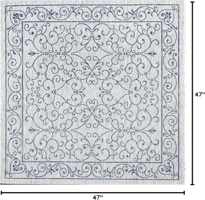 JONATHAN Y Vintage Filigree Indoor Outdoor Square Area Rug 4X4 Gray/Navy, Charleston Textured Weave for Backyard, Patio, Porch, Easy-Cleaning, High Traffic, Pet-Friendly, Non-Shedding (SMB106C-4SQ)