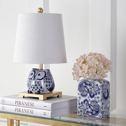 JONATHAN Y 16" Blue/White Ceramic Owl Mini Table Lamp for Bedroom or Office, Modern Farmhouse Nightstand Lamp with White Linen Shade, LED Bulb Included JYL3014A