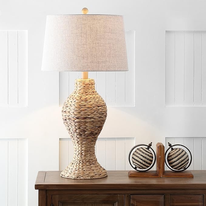 JONATHAN Y 31" Natural Woven Water Hyacinth Table Lamp for Living Room, Coastal Farmhouse Urn Bedside Lamp with Gray Linen Drum Shade, LED Bulb Included JYL1015A