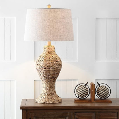 JONATHAN Y 31" Natural Woven Water Hyacinth Table Lamp for Living Room, Coastal Farmhouse Urn Bedside Lamp with Gray Linen Drum Shade, LED Bulb Included JYL1015A