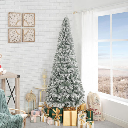 Naomi Home Salzburg 6.5ft Frosted Prelit Slim Artificial Christmas Tree with 864 Branch Tips, 250 Warm Lights and Metal Stand, 30" Wide Realistic Snow Flocked Skinny Pencil Christmas Tree