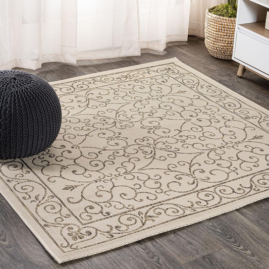 JONATHAN Y Vintage Filigree Indoor Outdoor Square Area Rug 8X8 Beige/Brown, Charleston Textured Weave for Backyard, Patio, Porch, Easy-Cleaning, High Traffic, Pet-Friendly, Non-Shedding (SMB106A-8SQ)
