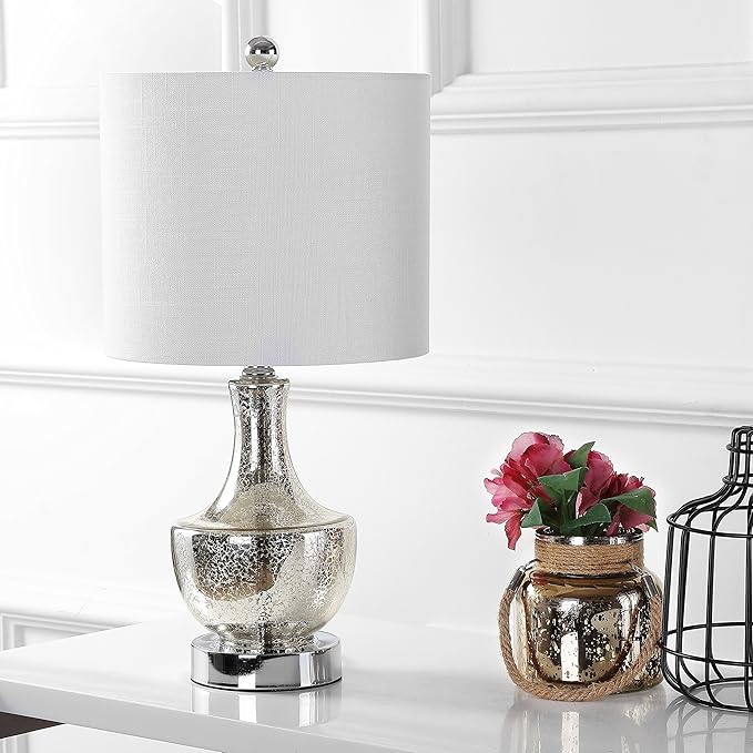 JONATHAN Y 20" Silver Glass Mini Table Lamp, Modern Bedside Lamp for Bedroom, White Linen Drum Shade, Teardrop Glass Base, LED Bulb Included, UL Listed (JYL1029B)