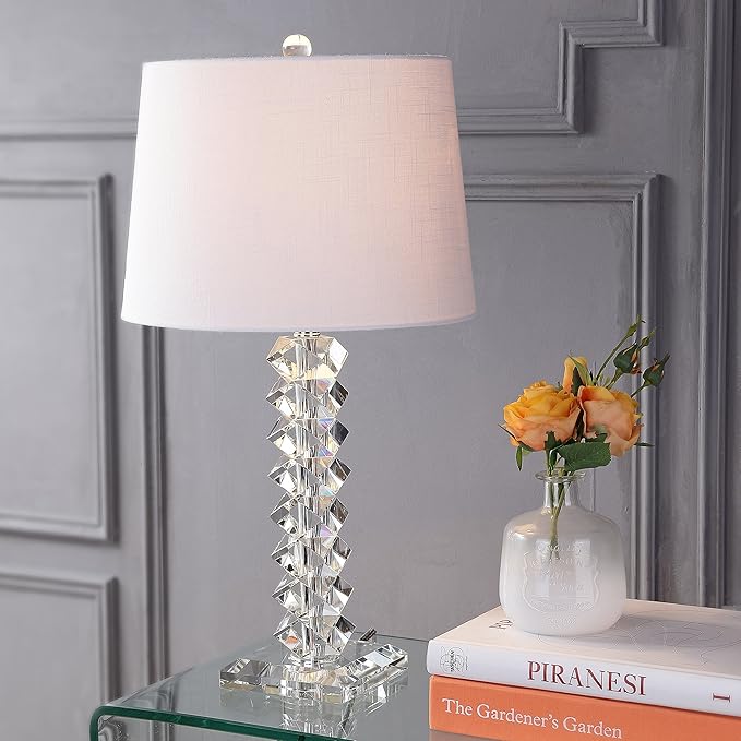 JONATHAN Y 25.5" Clear Faceted Crystal Table Lamp, Modern Glam Chrome Bedside Lamp with White Linen Drum Shade for Living Room Bedroom, UL Listed, LED Bulb Included JYL2013A