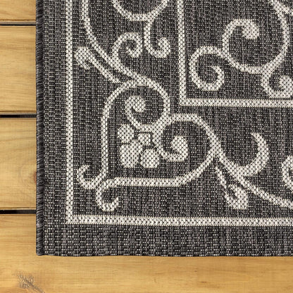 JONATHAN Y Vintage Filigree Indoor Outdoor Runner Rug 2X10 Black/Gray, Charleston Textured Weave for Backyard, Patio, Porch, Easy-Cleaning, High Traffic, Pet-Friendly, Non-Shedding (SMB106G-210)
