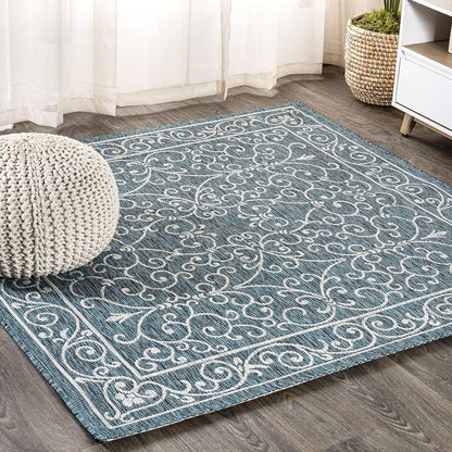 JONATHAN Y Vintage Filigree Indoor Outdoor Square Area Rug 6X6 Teal/Gray, Charleston Textured Weave for Backyard, Patio, Porch, Easy-Cleaning, High Traffic, Pet-Friendly, Non-Shedding (SMB106F-6SQ)