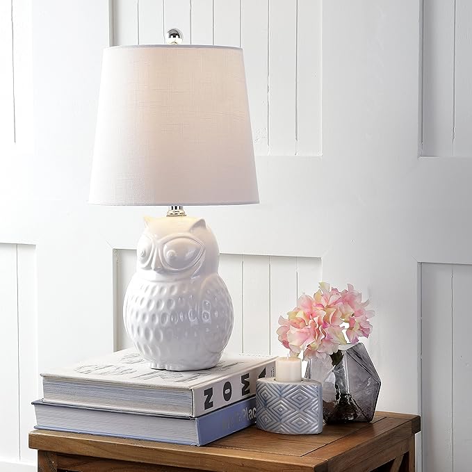 JONATHAN Y 20.5" White Ceramic Owl Table Lamp, Whimsical Cottage Bedside Nightstand Light for Living Room Nursery, White Linen Drum Shade, UL Listed, LED Bulb Included JYL1026A