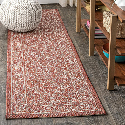 JONATHAN Y Vintage Filigree Indoor Outdoor Runner Rug 2X10 Red/Beige, Charleston Textured Weave for Backyard, Patio, Porch, Easy-Cleaning, High Traffic, Pet-Friendly, Non-Shedding (SMB106B-210)