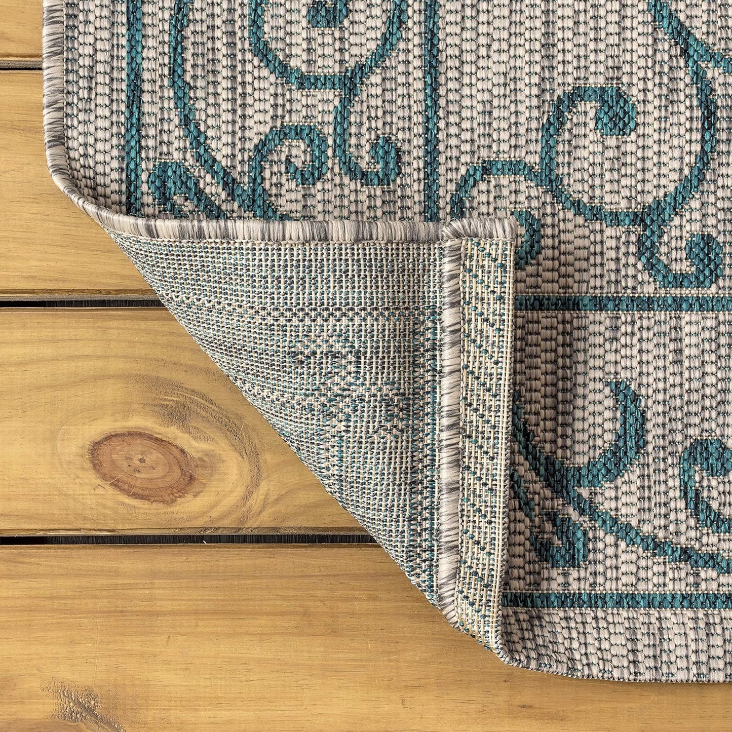 JONATHAN Y Vintage Filigree Indoor Outdoor Round Area Rug 8 Ft Gray/Teal, Charleston Textured Weave for Backyard, Patio, Porch, Easy-Cleaning, High Traffic, Pet-Friendly, Non-Shedding (SMB106E-8R)
