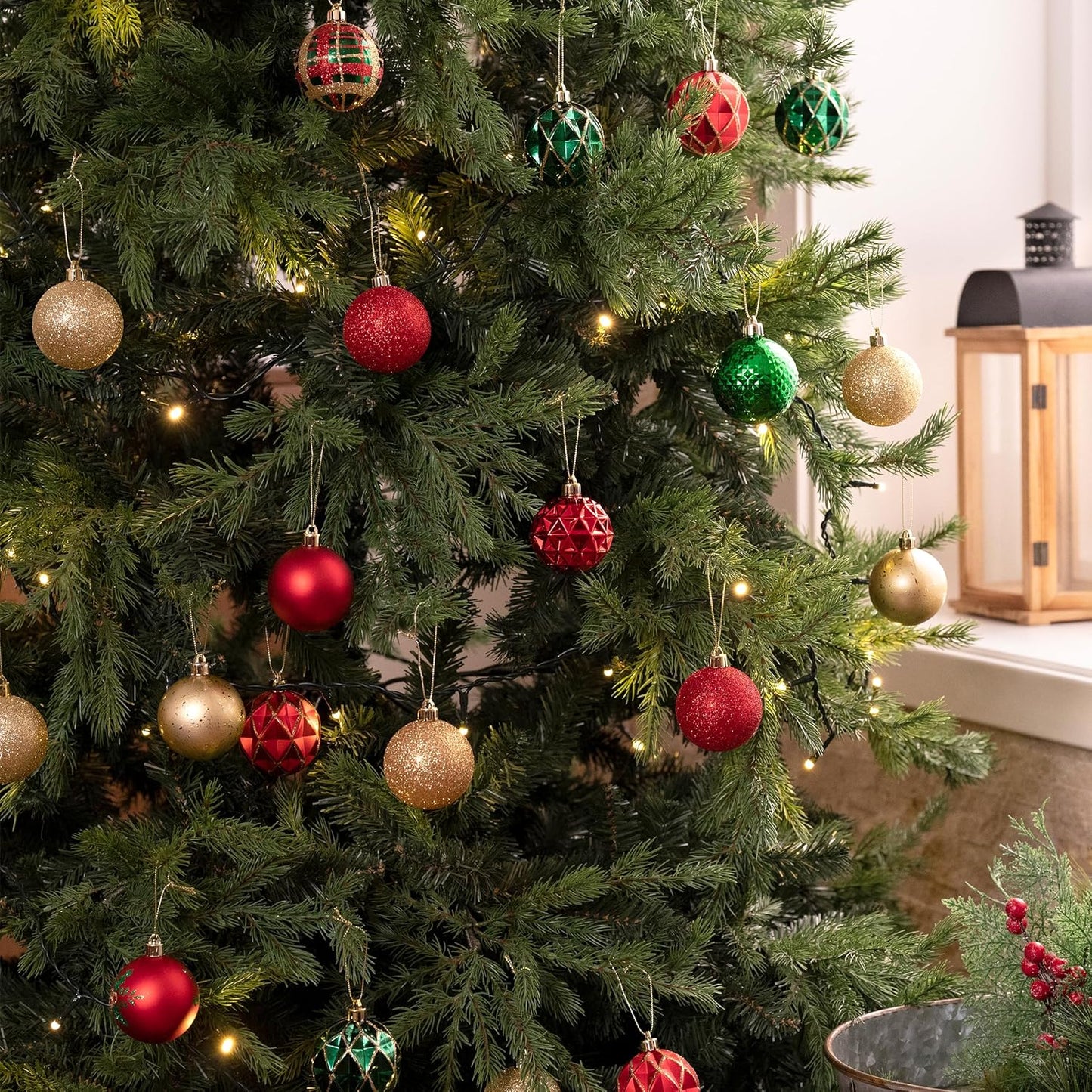 Valery Madelyn Christmas Tree Decorations Ornament Set for Fall Halloween, 50ct 2.36 Inches Red Green and Gold Shatterproof Christmas Ball Ornaments Hanging Xmas Holiday Party Decor