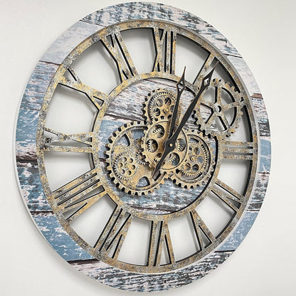 The Original Real Moving Gear Wall Clock Vintage Industrial Oversized Rustic Farmhouse (24 inch (60cm), Vintage Aqua Green and Bronze)