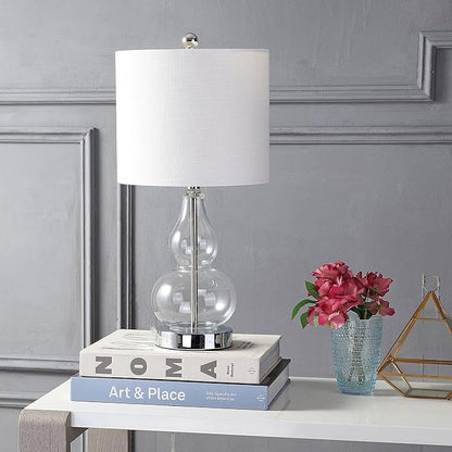 JONATHAN Y 20.5" Clear Glass Table Lamp, Modern Gourd Bedside Nightstand Lamp for Bedroom, Living Room, White Linen Shade, LED Bulb Included (JYL1028E)