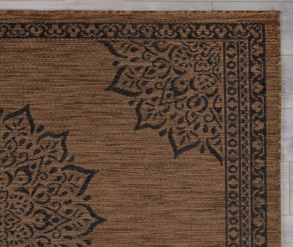 CAMILSON Outdoor Rug, 5x7 Medallion Nut Brown Black Modern Area Rugs for Indoor and Outdoor Patios, Kitchen and Hallway Mats, Washable Porch Deck Outside Carpet (Medallion Nut Brown Black, 5 x 7)