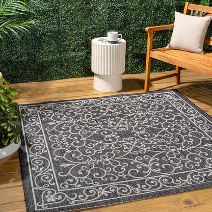 JONATHAN Y Vintage Filigree Indoor Outdoor Square Area Rug 8X8 Black/Gray, Charleston Textured Weave for Backyard, Patio, Porch, Easy-Cleaning, High Traffic, Pet-Friendly, Non-Shedding (SMB106G-8SQ)