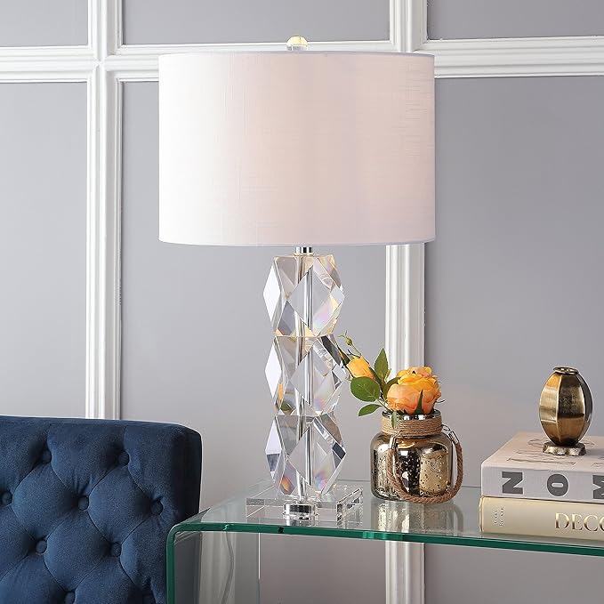 JONATHAN Y 26" Clear Faceted Crystal LED Table Lamp, Glam Modern Contemporary Column Lamp for Bedroom Living Room, White Linen Drum Shade, UL Listed, LED Bulb Included JYL5012A
