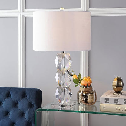 JONATHAN Y 26" Clear Faceted Crystal LED Table Lamp, Glam Modern Contemporary Column Lamp for Bedroom Living Room, White Linen Drum Shade, UL Listed, LED Bulb Included JYL5012A