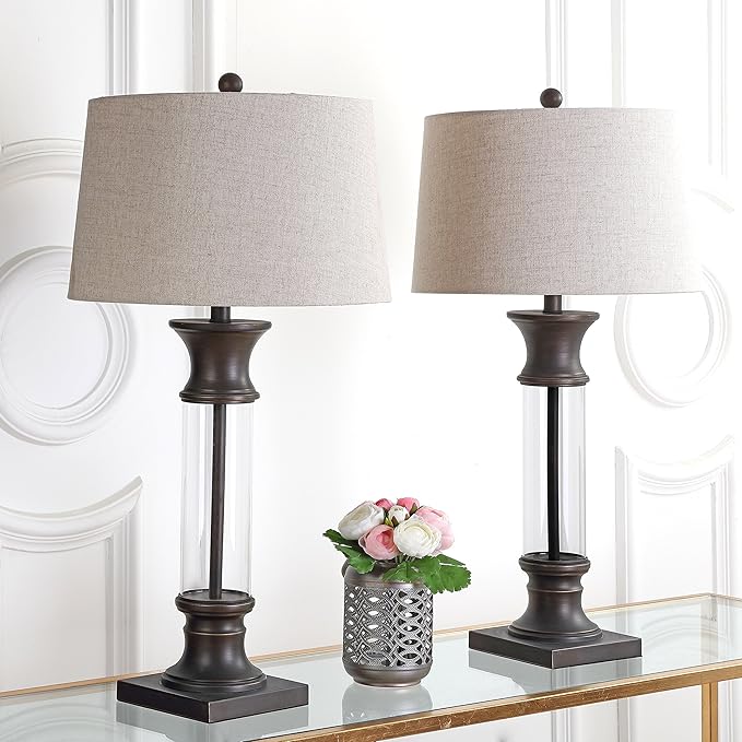 JONATHAN Y 32" Bronze and Clear Glass Table Lamp Set of 2 for Living Room, Rustic Farmhouse Bedside Nightstand Lamps with Gray Linen Drum Shade, LED Bulbs Included JYL4000A-SET2