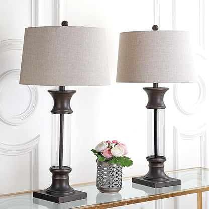 JONATHAN Y 32" Bronze and Clear Glass Table Lamp Set of 2 for Living Room, Rustic Farmhouse Bedside Nightstand Lamps with Gray Linen Drum Shade, LED Bulbs Included JYL4000A-SET2