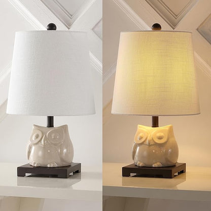 JONATHAN Y 16" Antique White Ceramic Owl Mini Table Lamp for Bedroom or Office, Modern Farmhouse Nightstand Lamp with White Linen Shade, LED Bulb Included (JYL3014B)