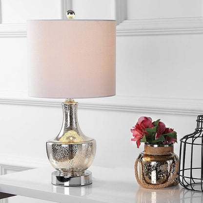 JONATHAN Y 20" Silver Glass Mini Table Lamp, Modern Bedside Lamp for Bedroom, White Linen Drum Shade, Teardrop Glass Base, LED Bulb Included, UL Listed (JYL1029B)