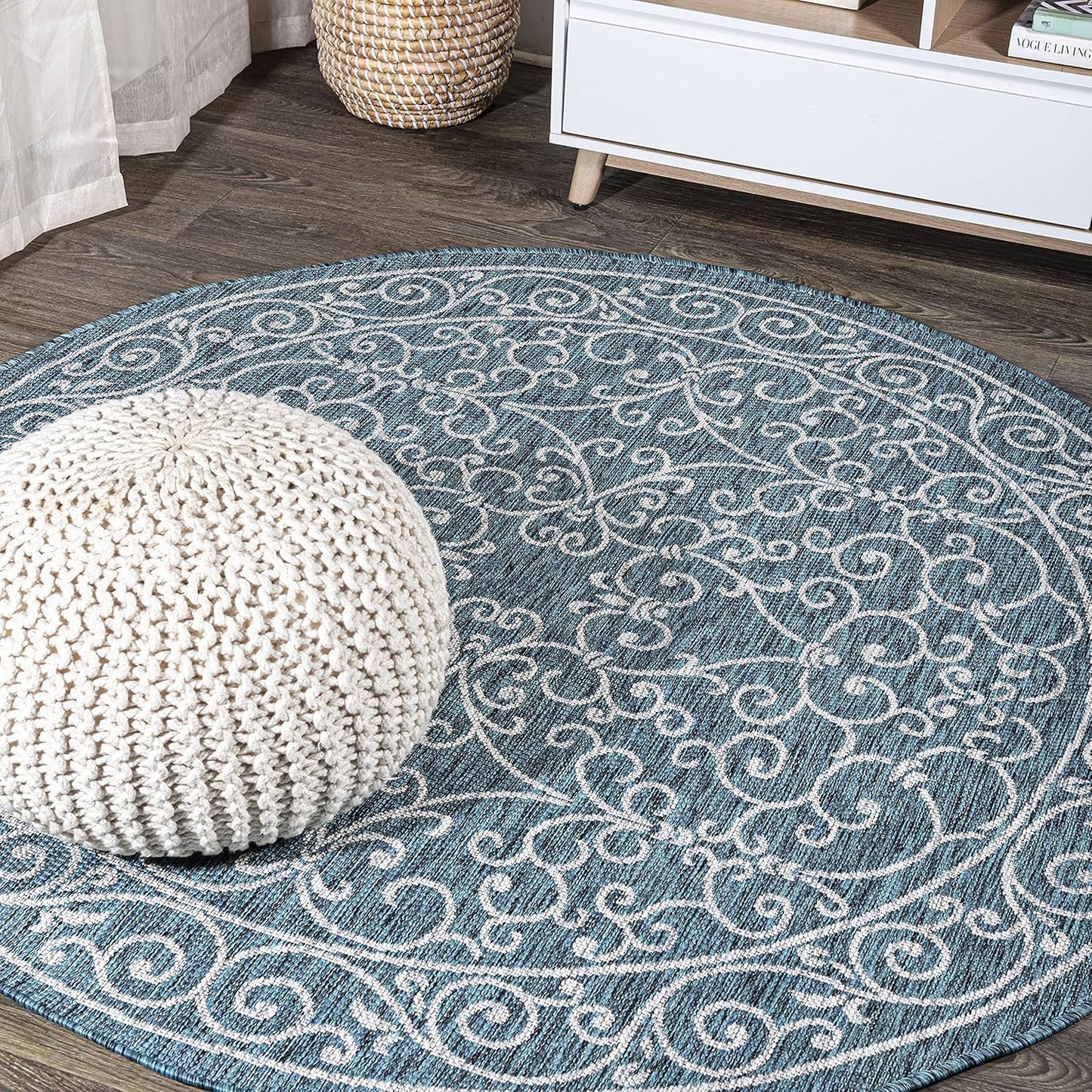 JONATHAN Y Vintage Filigree Indoor Outdoor Round Area Rug 9 Ft Teal/Gray, Charleston Textured Weave for Backyard, Patio, Porch, Easy-Cleaning, High Traffic, Pet-Friendly, Non-Shedding (SMB106F-9R)