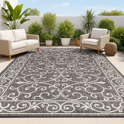 JONATHAN Y Vintage Filigree Indoor Outdoor Area Rug 3X5 Black/Gray, Charleston Textured Weave for Backyard, Patio, Porch, Easy-Cleaning, High Traffic, Pet-Friendly, Non-Shedding (SMB106G-3)