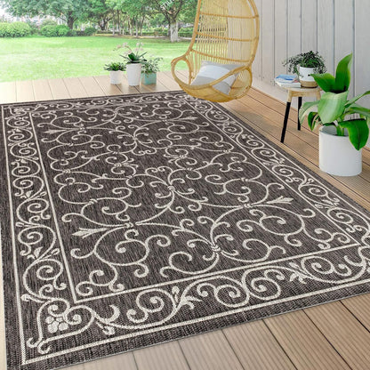 JONATHAN Y Vintage Filigree Indoor Outdoor Area Rug 4X6 Black/Gray, Charleston Textured Weave for Backyard, Patio, Porch, Easy-Cleaning, High Traffic, Pet-Friendly, Non-Shedding (SMB106G-4)