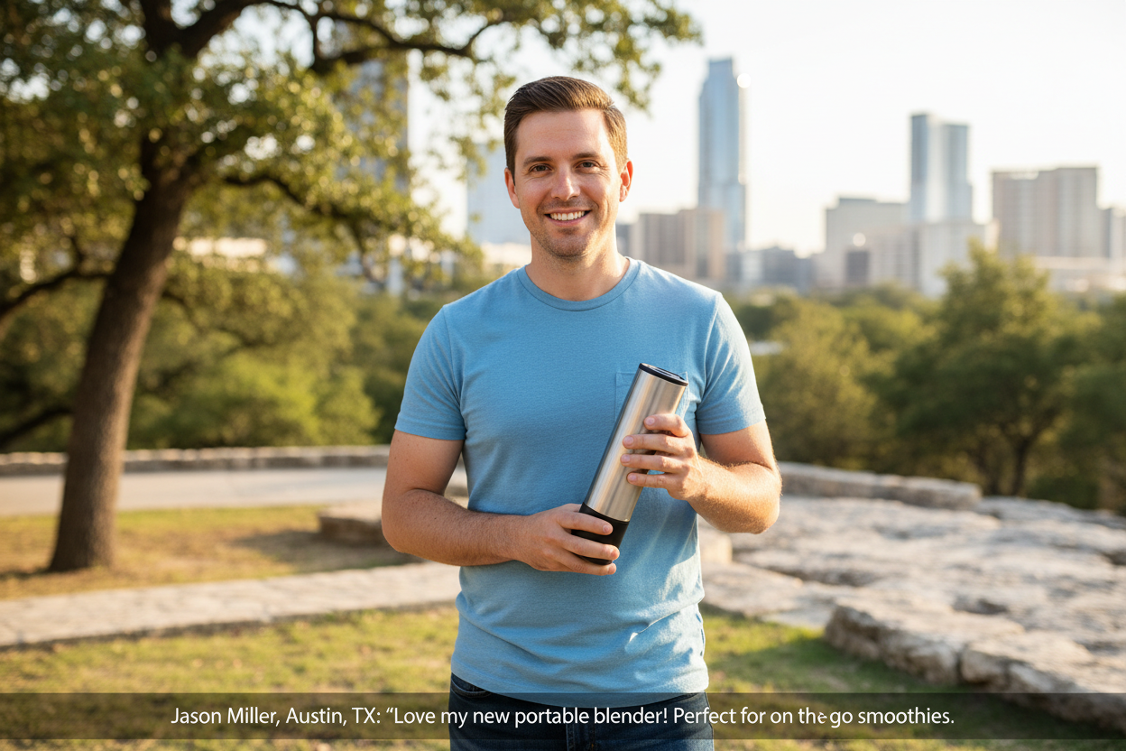 Jason Miller – Austin, TX“The portable blender is a total game-changer. Smoothies on the go? Yes, please. Fast charging and super portable.” (reviews products and make it real photo)