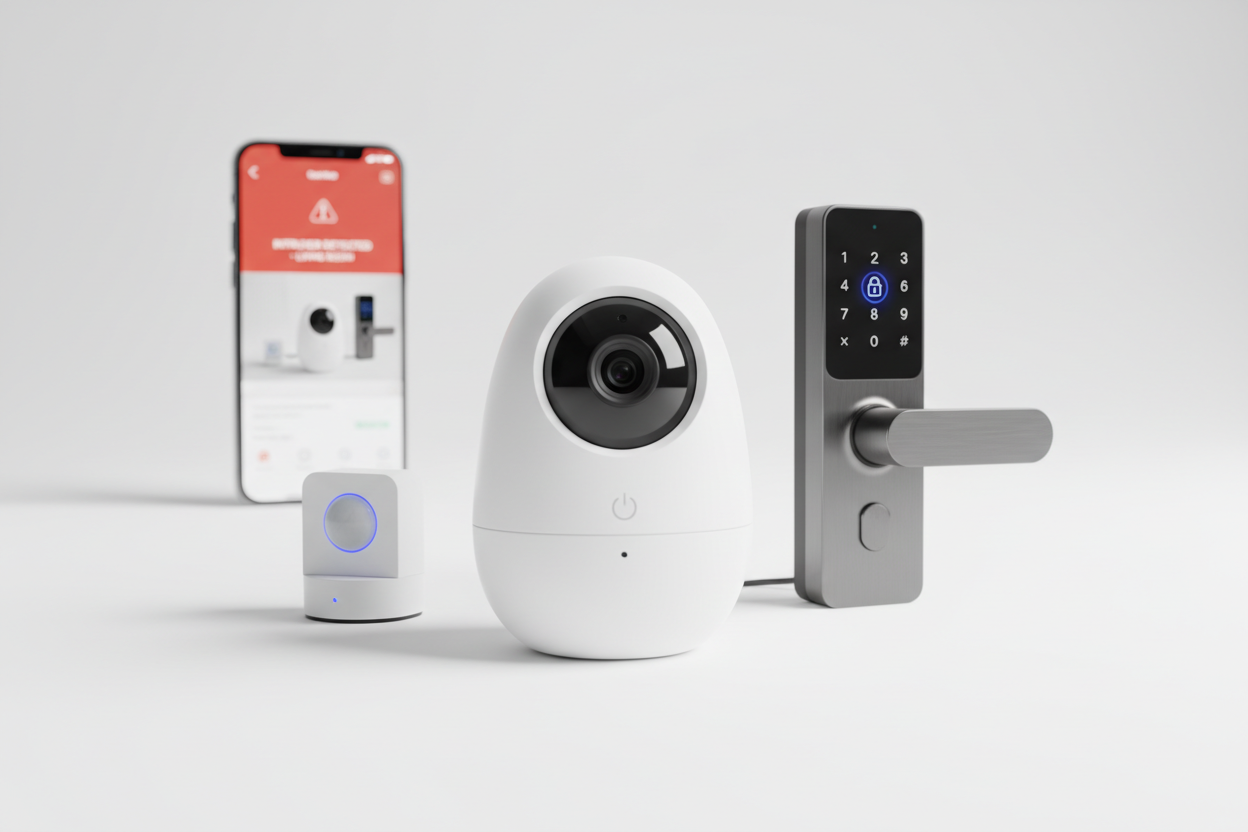 Smart Security Devices

Smart cameras, motion sensors, and door locks for 24/7 protection.

Receive alerts on your phone anytime, anywhere. (make it real photo)